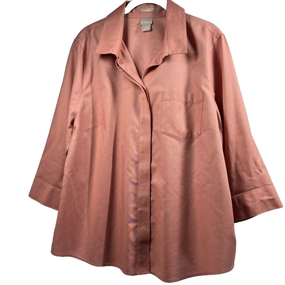 Chicos Women's Top Blouse Size Large Salmon Button UP 3/4 Sleeve 100% Cotton‎